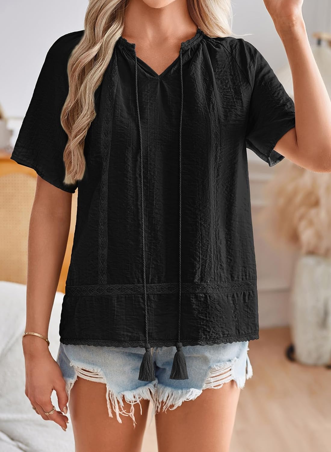 Womens Boho Tops V Neck Short Sleeve Lace Trim Blouses Peasant Tassel Tie Front Casual Cute Shirts - Image 4