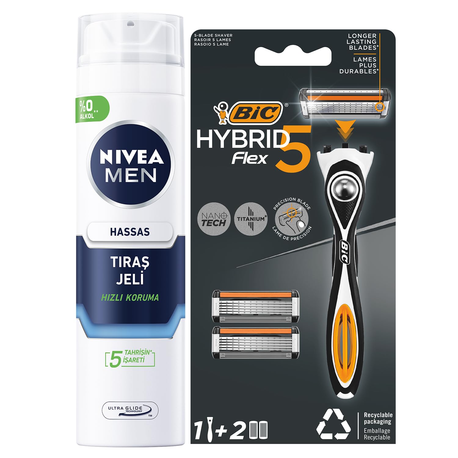 NIVEA Men Hassas Tıraş Jeli 200 ml+ BIC Hybrid 5 Flex Erkek Tıraş Bıçağı 1 Sap ve 2 Yedek Başlık (5 Bıçak)