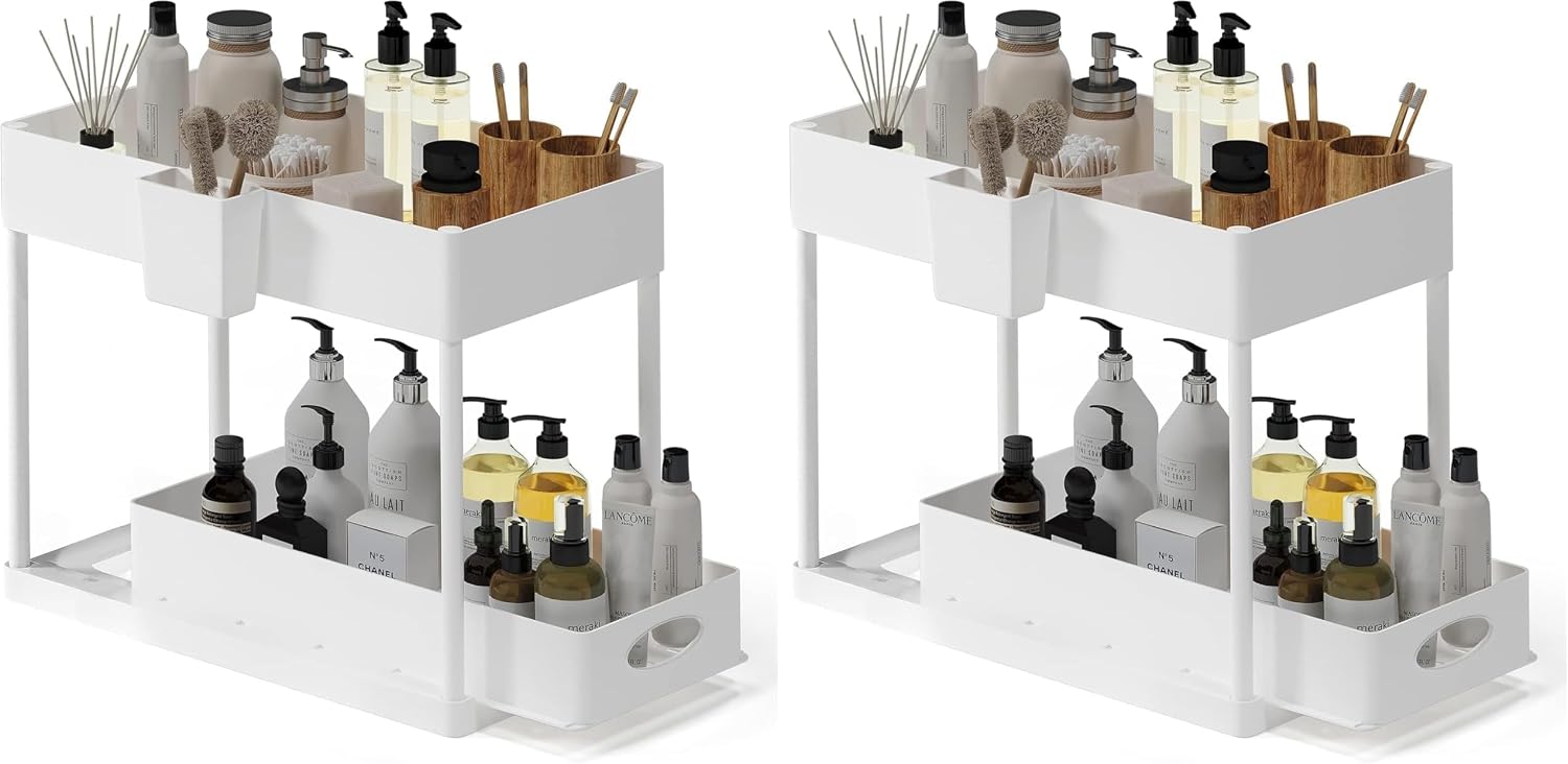 Under Sink Organizers and Storage, Bathroom Cabinet Organizer, Sink Shelf with Utility Hooks and Side Caddy for Under Cabinet Storage | Under Kitchen Sink Organizer with Sliding Drawer, White (2-Pack)