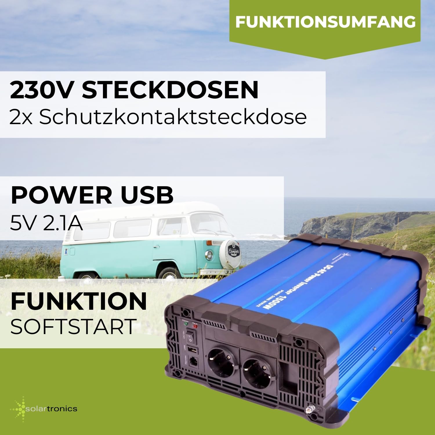 Solartronics Przetwornica napięcia FS1500DR 12V 1500/3000 W czysty sinusoidalny niebieski nie wyświetlacz falownik serii FS z pilotem zdalnego sterowania