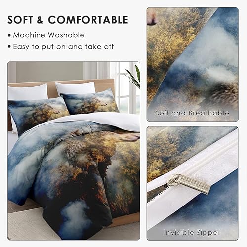 Miniatura 5 de Juego de funda de edredón, juego de ropa de cama dorado con diseño de lobo y animales de otoño para niños y adultos, decoración de dormitorio de