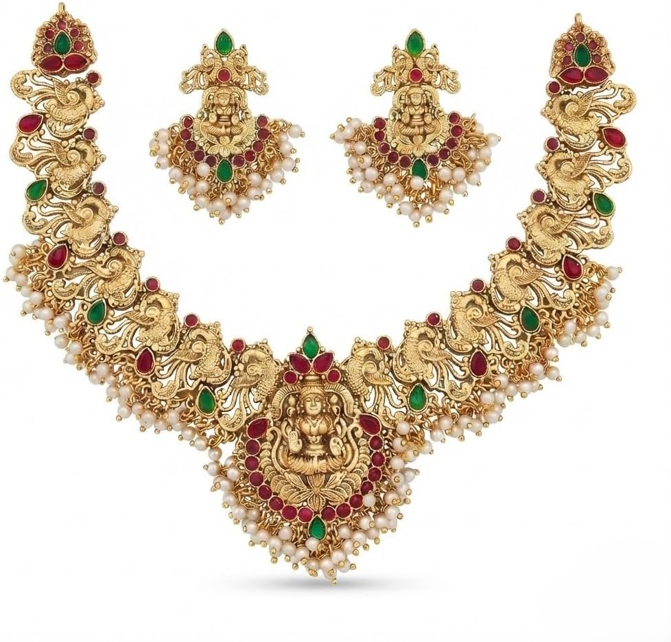Temple Jewelry Necklace Set for Women – Gold Plated Goddess Lakshmi Design Statement Necklace with Matching Earrings, Green & Red Stones, Traditional Indian Bridal Wedding Jewelry Temple Jewelry Necklace Set for Women – Gold Plated Goddess Lakshmi Design Statement Necklace with Matching Earrings, Green & Red Stones, Traditional Indian Bridal Wedding Jewelry