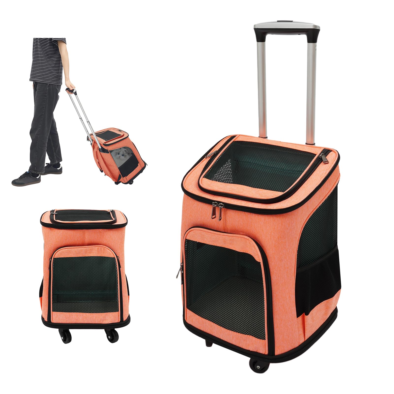 Transportín para perros con ruedas, plegable, mochila para gatos con mango telescópico, cajas de transporte para gatos grandes y perros pequeños con malla transpirable, mochila para mascotas de hasta