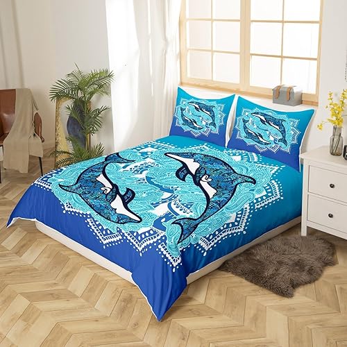 Miniatura 3 de Juego de ropa de cama de delfín, tamaño King, funda de edredón de mandala bohemio para niños, adolescentes, niños, niñas, vida marina, animales,