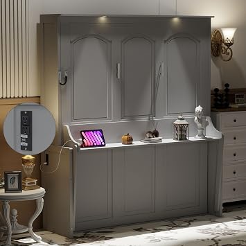 Queen Size Murphy Bed Cabinet with Desk, Horizontal Murphy Bed with Headboard, LED Light, USB-Port, No Box Spring Needed, Space Saving, Kids Boys Girls Adults, Gray
