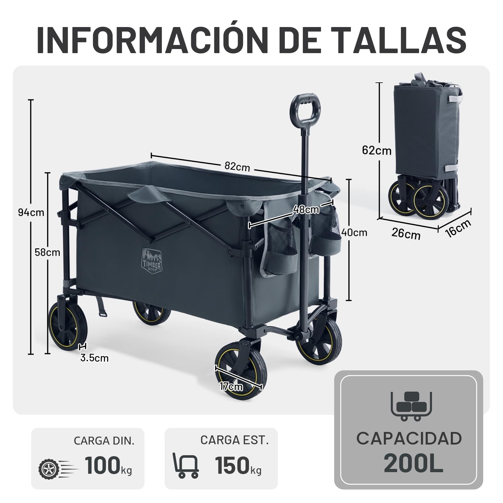TIMBER RIDGE Carro Camping Plegable 200L con Portavasos Mango Ajustable Carro de Jardín para Todos los Terrenos Al Aire Libre Camping Compras Pesca Carga MAX 150kg