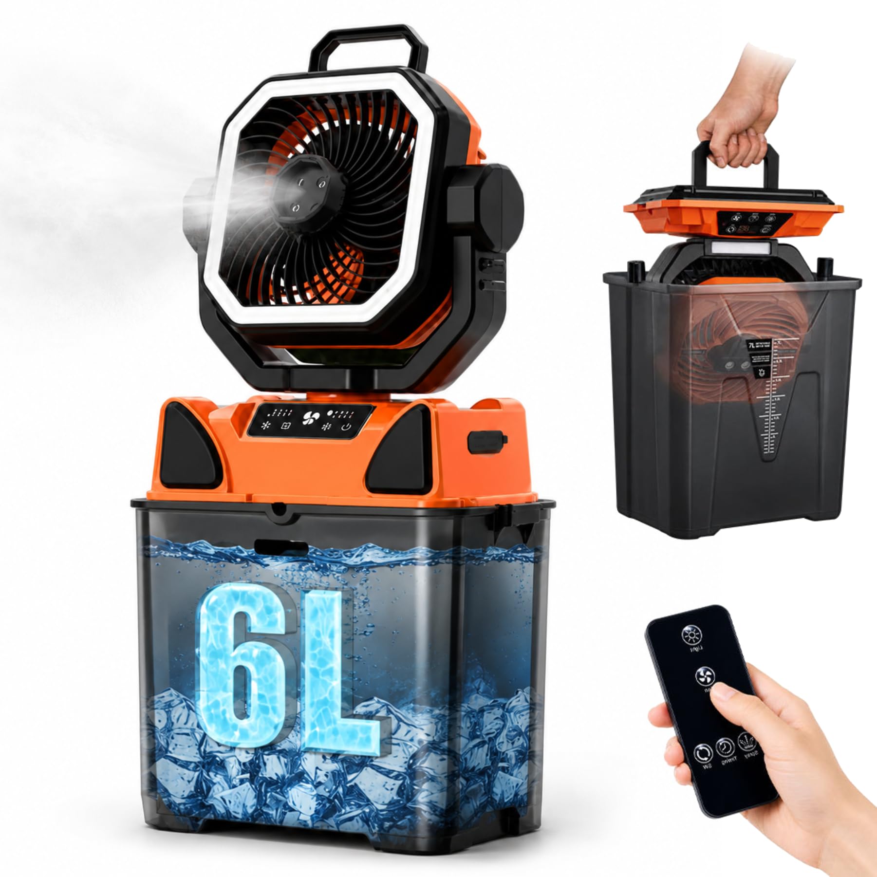 Akku Camping Ventilator mit 6L Tank, LED Licht und Fernbedienung | 6L Wassertank, 20000mAh Akku, LED-Licht, Fernbedienung, mehrere Windstufen, Nebelmodus, Haken und Solarladung.