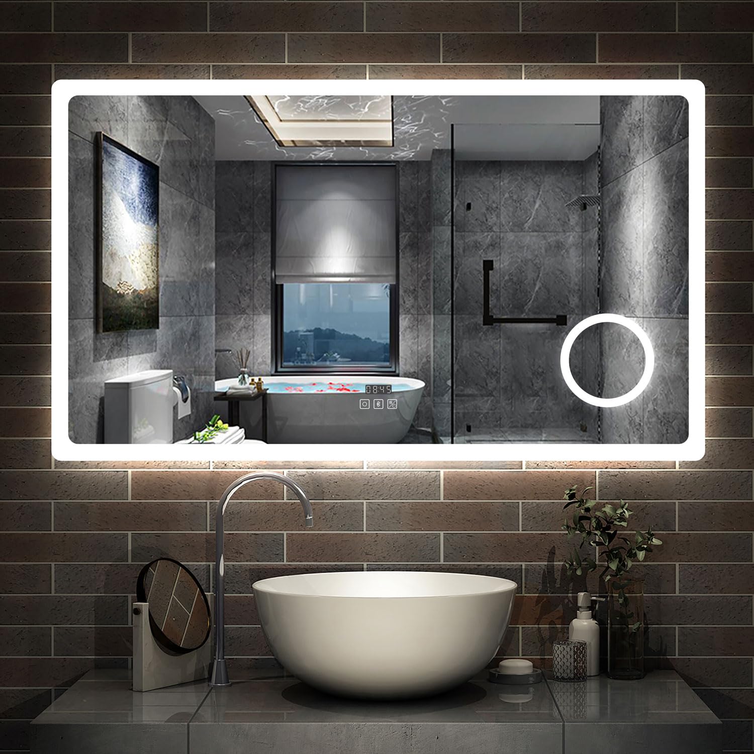 Acezanble Bluetooth+Magnifier+3 Colours+Demister+Clock Bluetooth Bathroom Mirror With Led Lights, Magnifying 800X600mm Bathroom Mirrors With Dimmable 3 Colors, Clock, Demister Pad, Anti-Fog, Illuminatedwall Mounted Vanity Mirror Horizontal/Vertical