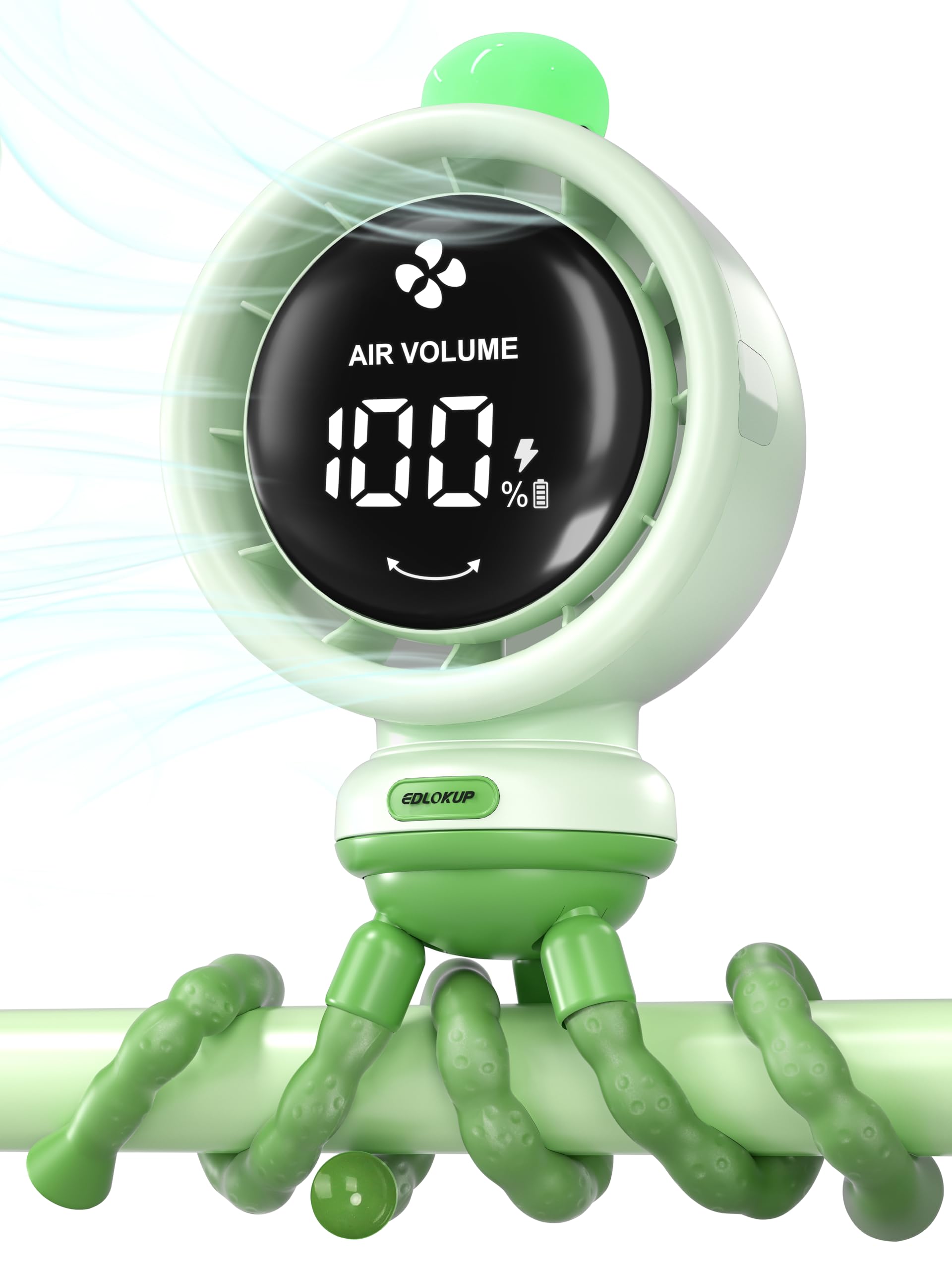 Mini ventilador portátil para cochecito, oscilación automática, velocidad continua, pantalla, luz nocturna LED con clip, accesorios para cochecito alimentados por pilas, color verde