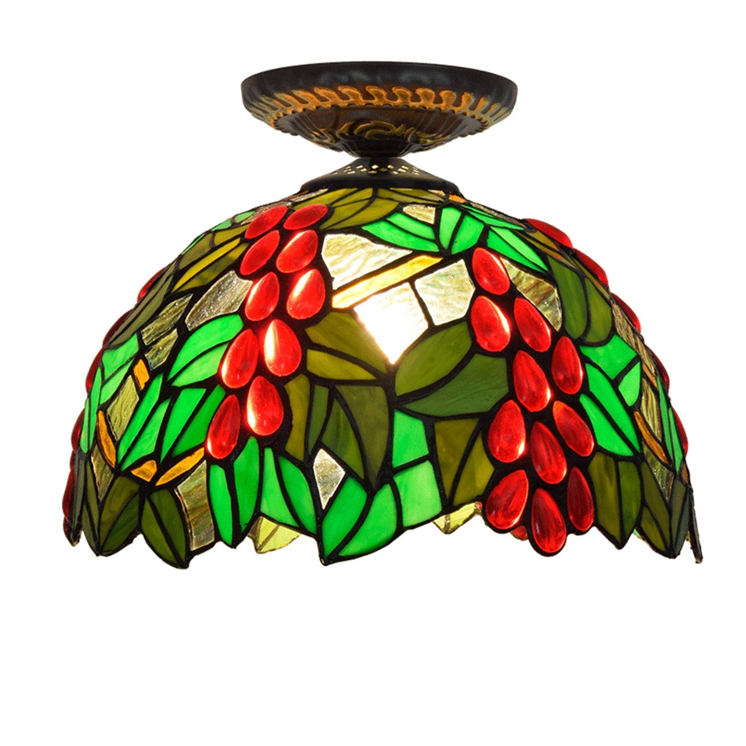 HPTHLY Stained Glass Ceiling Lighting 12" Ceiling Lights Tiffany Style Stained Galss Green Leaf Grapeglass Shade For Living Ceiling Lamp
