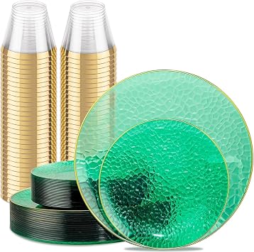 Hioasis 260pcs Green Gold Plastic Plates | Green Plastic Dinnerware Set Includes 30 Dinner Plate, 30 Dessert Plate, 200 Cups Perfect for Wedding & Party