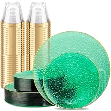 Hioasis 260pcs Green Gold Plastic Plates - Green Plastic Dinnerware Set Includes 30 Dinner Plate, 30 Dessert Plate, 200 Cups Perfect for Wedding & Party