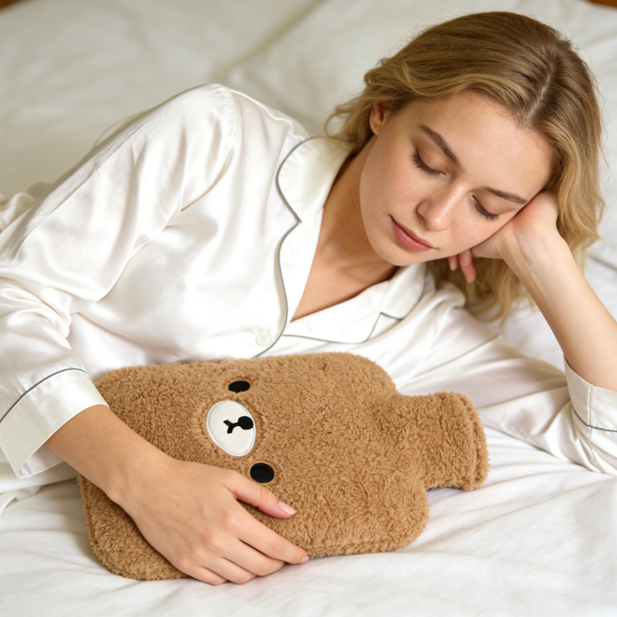 samply Hot Water Bottle with Cute Fleece Cover, Hot Water Bag for Hot and Cold Compress, Hand Feet Warmer, Neck and Shoulder Pain Relief, Brown Bear