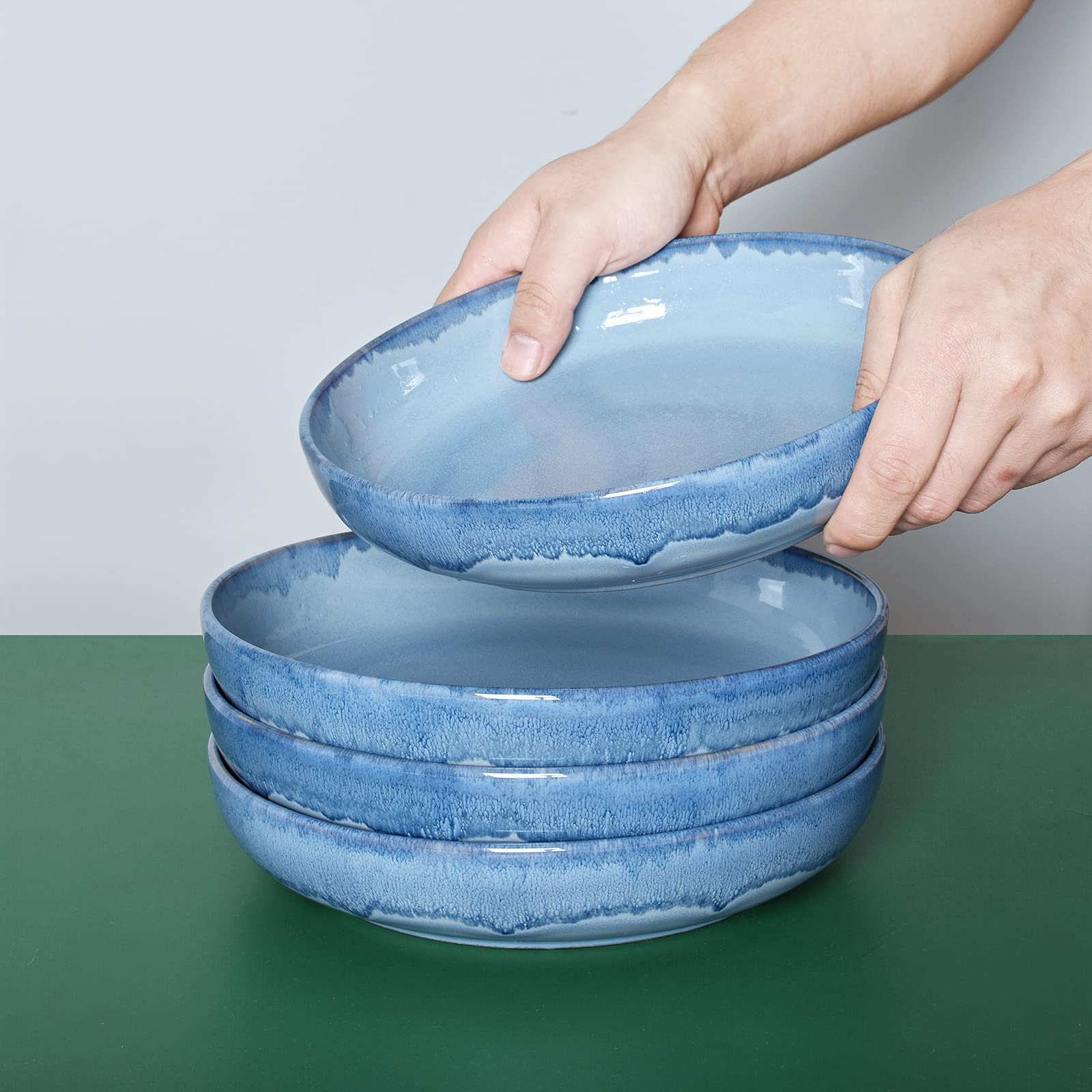 Bosmarlin Duże miski do makaronu z kamionki, zestaw 4 sztuk, duże miski do sałatek, nadają się do kuchenki mikrofalowej i zmywarki (jasnoniebieskie, 23,6 cm)