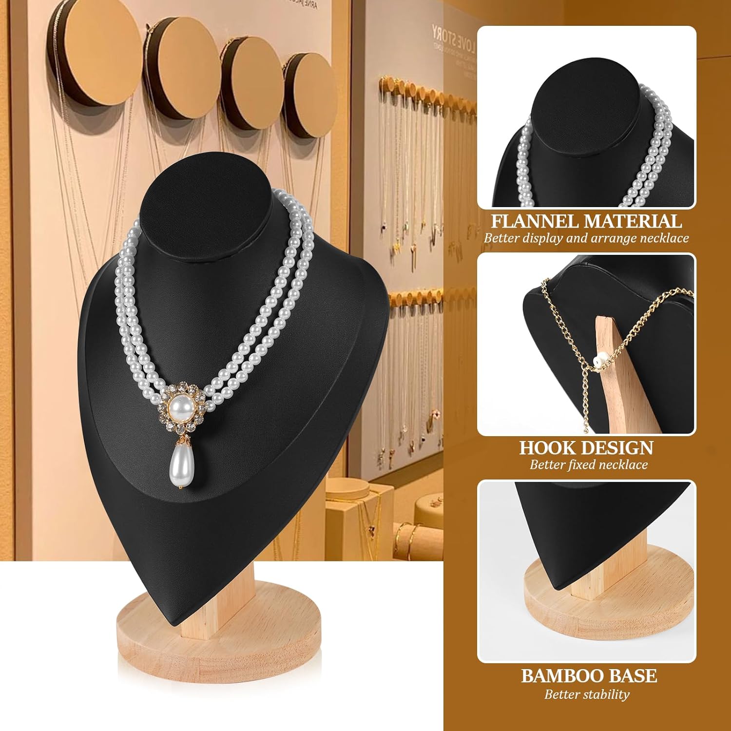 Necklace Display Stand Bamboo Jewelry Bust Display Stands Necklace Bust for Selling for Vendors (Black, 9.2 * 6.1 Inch) - Image 3