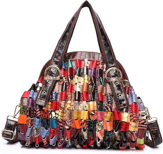 Women Multicolor Genuine Leather Boston Tote Bag Colorful Handbag