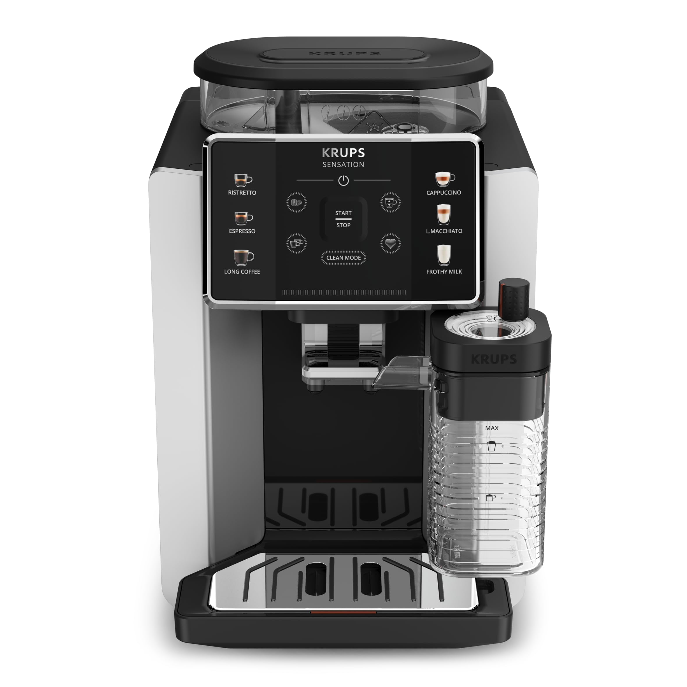 KRUPS EA912E Ekspres automatyczny SENSATION MILK M50 System Milk Maestro, 6 rodzajów kawy, wyświetlacz LED, system Thermoblock, automatyczne czyszczenie tabletką, stalowy młynek, czarno-srebrny