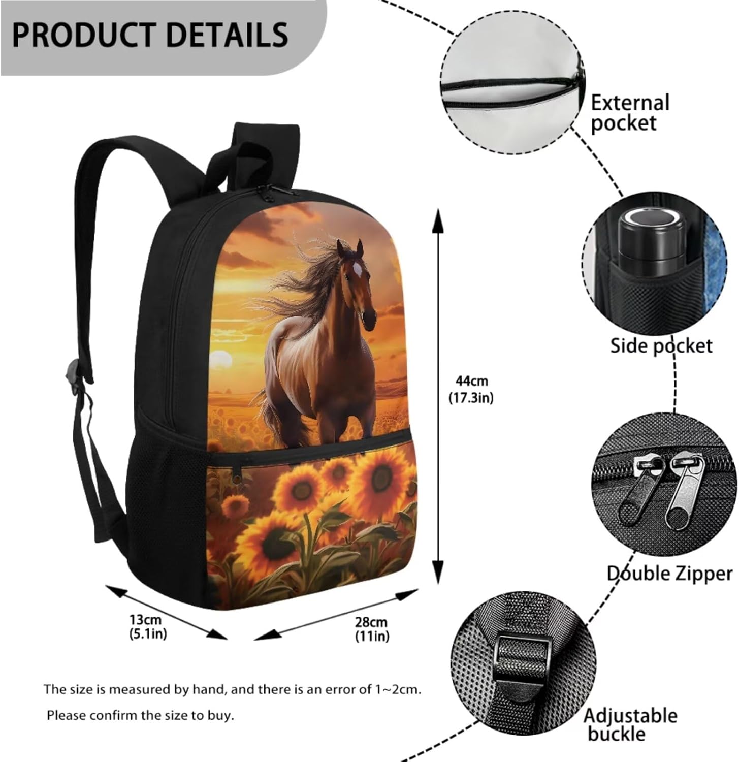 Horse Backpack with Lunch Box Kids Girls Elementary/Middle School Bag Sunflower Bookbag Lunch Bag Pencil Case Water Bottle Holder Back Pack Back to School Daycare Bag 4 In 1