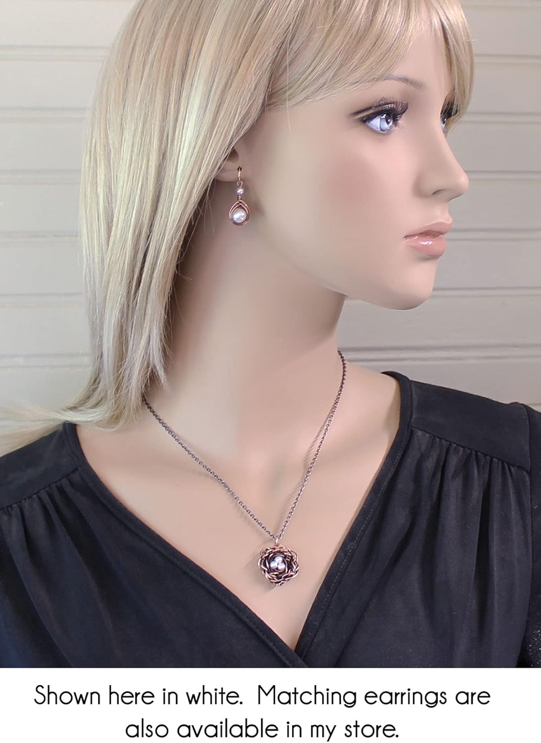 Pillar of Salt Studio Handcrafted Copper Bird Nest Pendant with Simulated Pearl Eggs (18" Chain, Iridescent Light Blue)