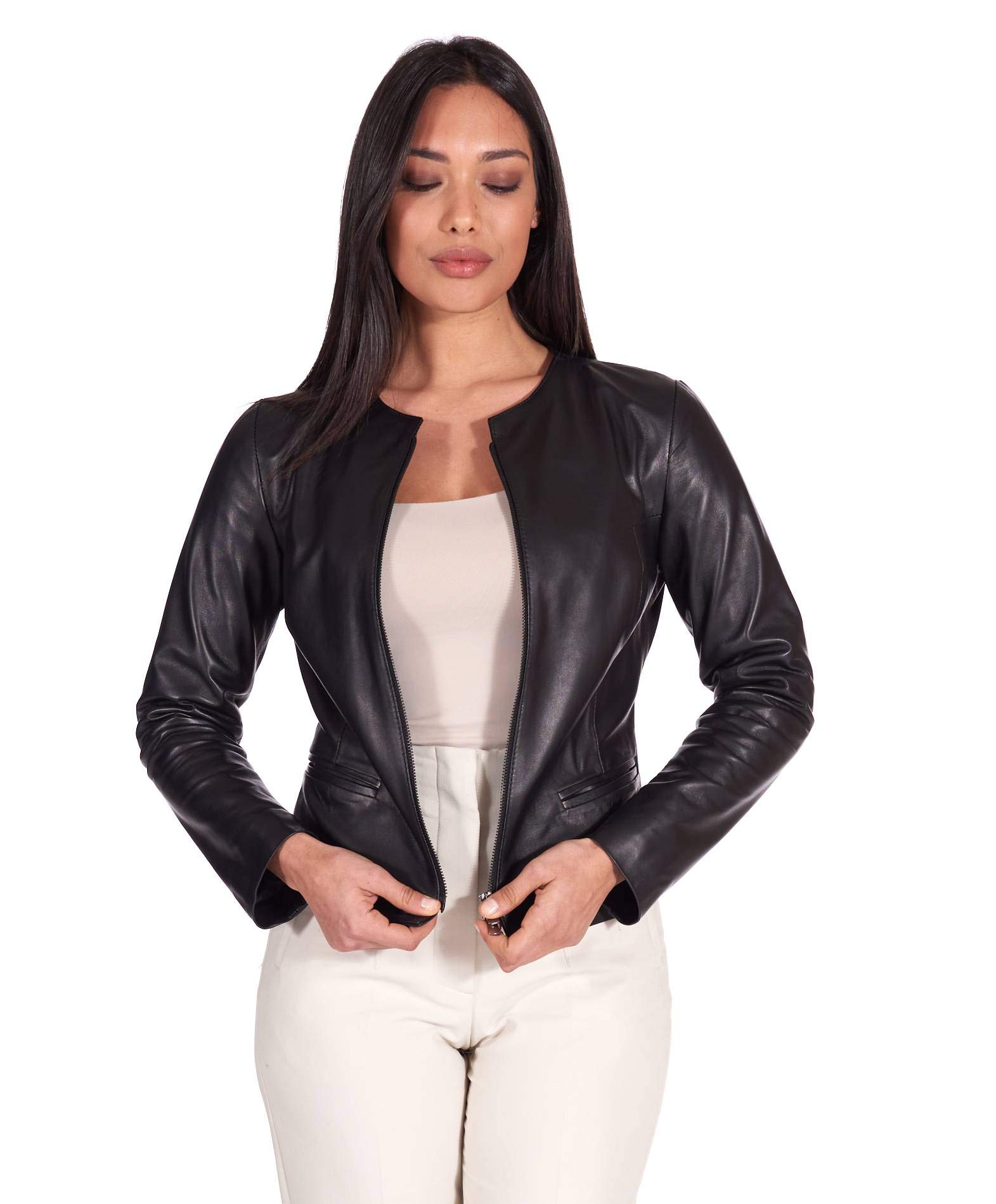 D'Arienzo Giacca in Pelle Donna Nera Primaverile Vera Pelle Giacca Made in Italy Clear