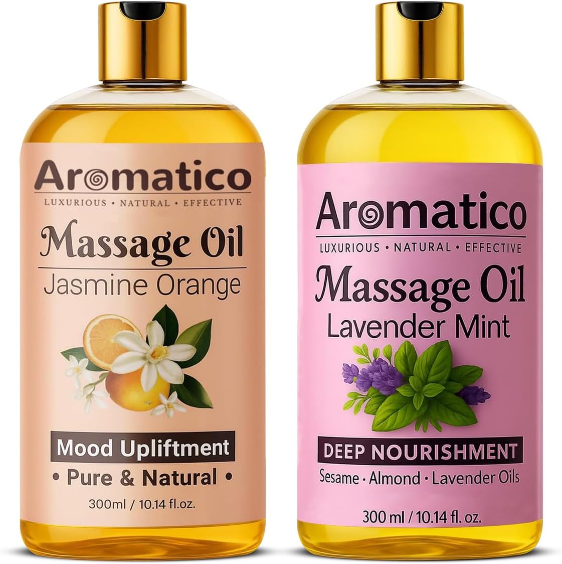 AROMATICO - Lavender Mint & Jasmine Orange Massage Oils Pack of 2. For Mood Upliftment, Muscle Relaxation & Skin Nourishment, 100% Natural, Non-Sticky 300ml Pack of 2