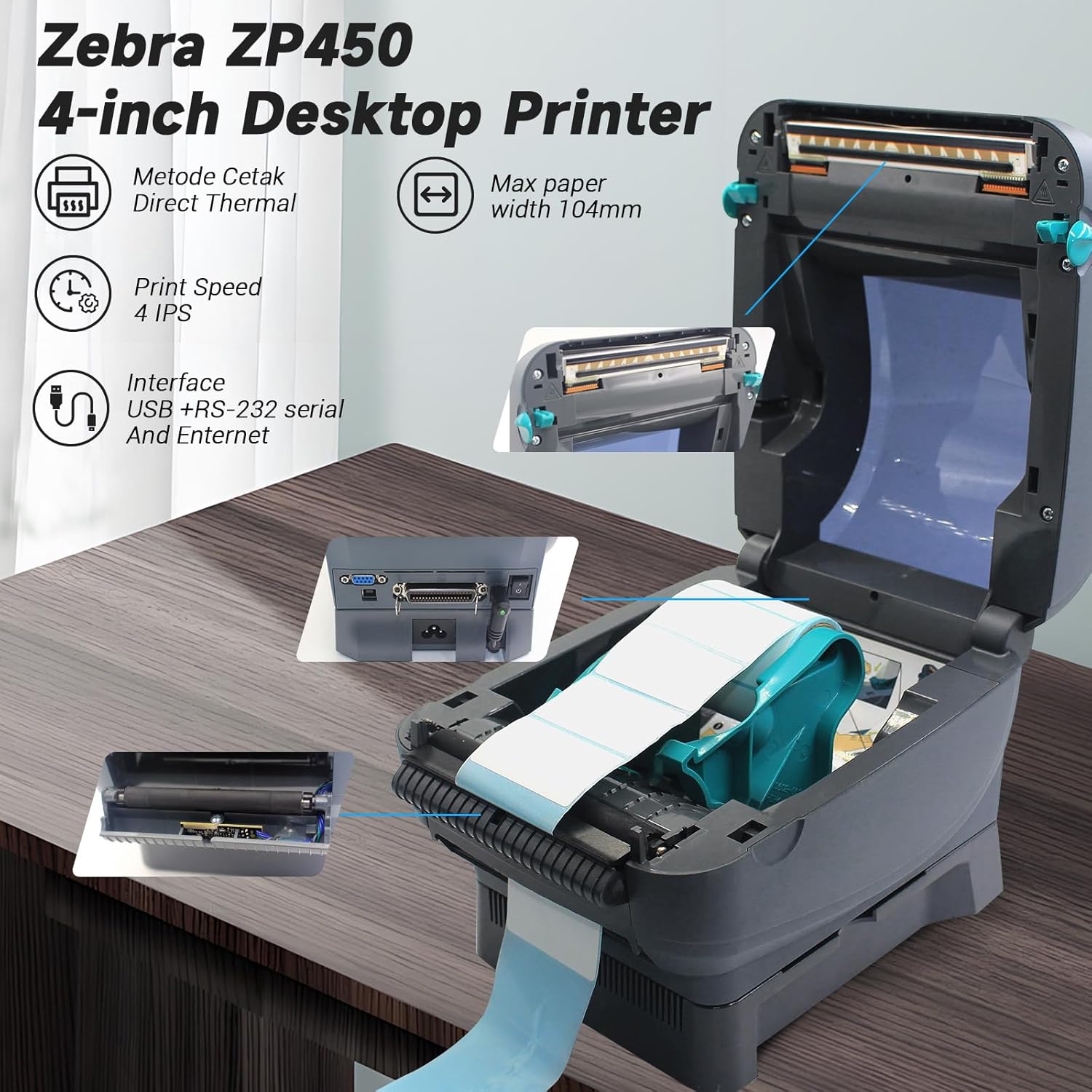 New Zebra ZP450 Direct Thermal Label ZP 450 Barcode Printer | USB, Serial, and Parallel Connectivity 203 DPI Resolution - 1 Year Warranty - Image 3