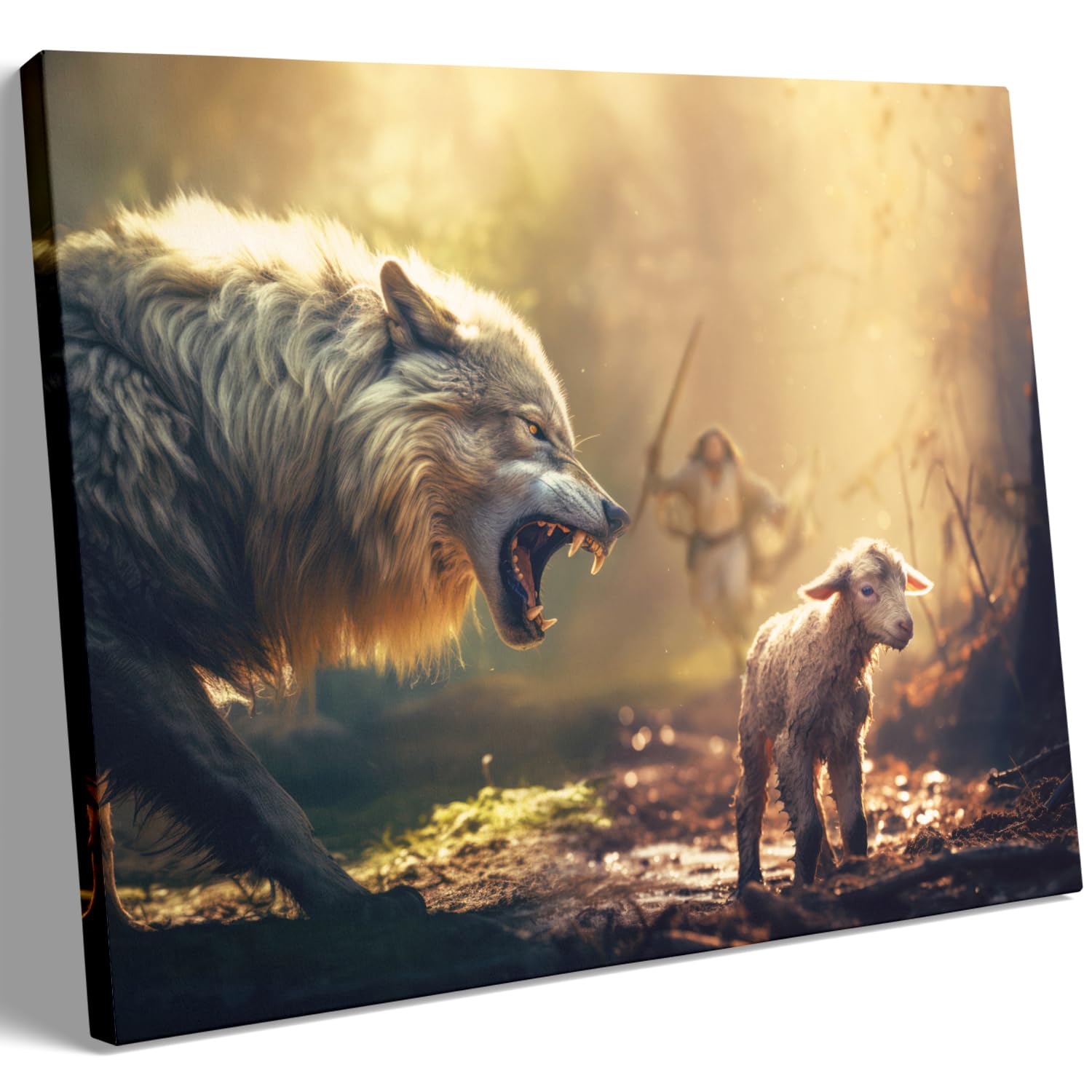 GUN SUPPLIES OUTLET LLC Christian Wall Art Jesus Running Towards Wolf and Lamb Pictures Jesus Art Wall Decor for Living Room Bedroom Church Decorations 20x16 inch