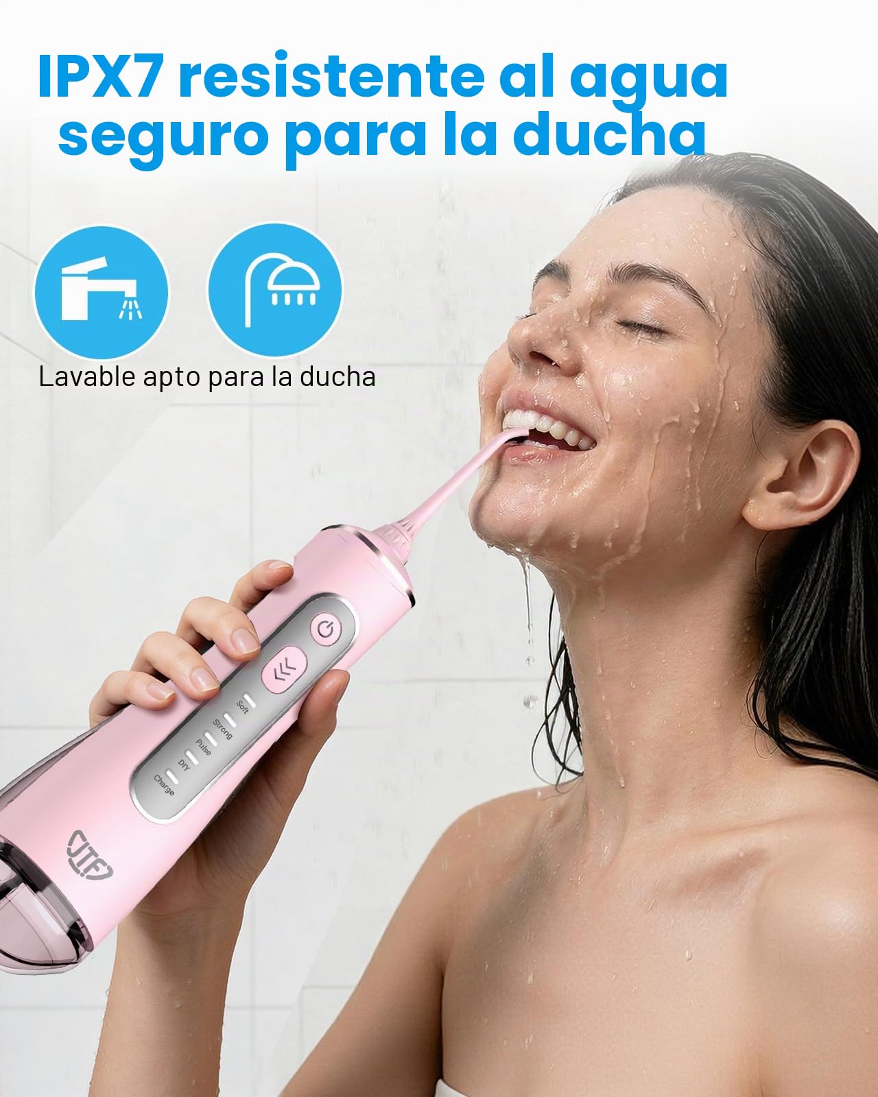 JTF Irrigador Bucal Eléctrico 300ML, 3+1 Modos Irrigador Dental, 6 Boquillas IPX7 Portatil Limpiador Dental para Ortodoncia/Encías Sensibles -Limpieza Dientes de Hogar Entusiastas Salud Ora(Rosa)