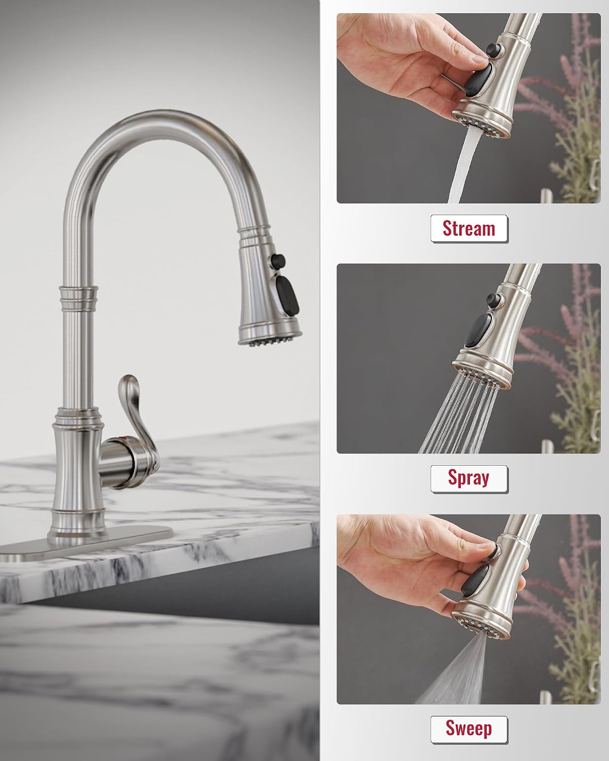 Kitchen Faucet with Pull Down Sprayer Brushed Nickel 3 Spray Modes Vintage Single Handle Antique Brass Sink Faucet 1 or 3 Hole with Deck Plate Supply Lines for Farmhouse Camper Rv Bar by Homevacious
