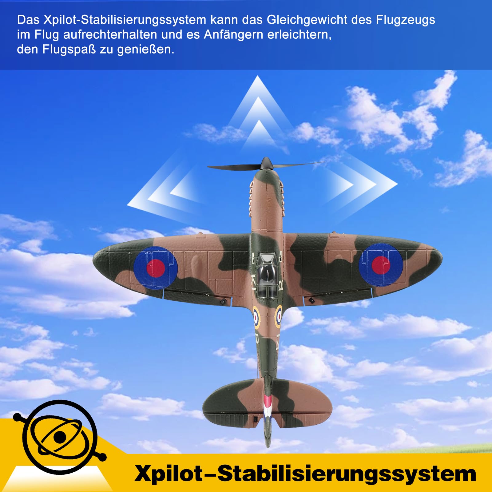 Fremego RC Flugzeug,Spitfire 2.4G 4 CH Ferngesteuertes Flugzeug RTF Kunstflug Warbird Flugzeuge Spielzeug für Kinder Anfänger Erwachsene mit 6-Achsen Gyro Stabilisierungs System 761-12