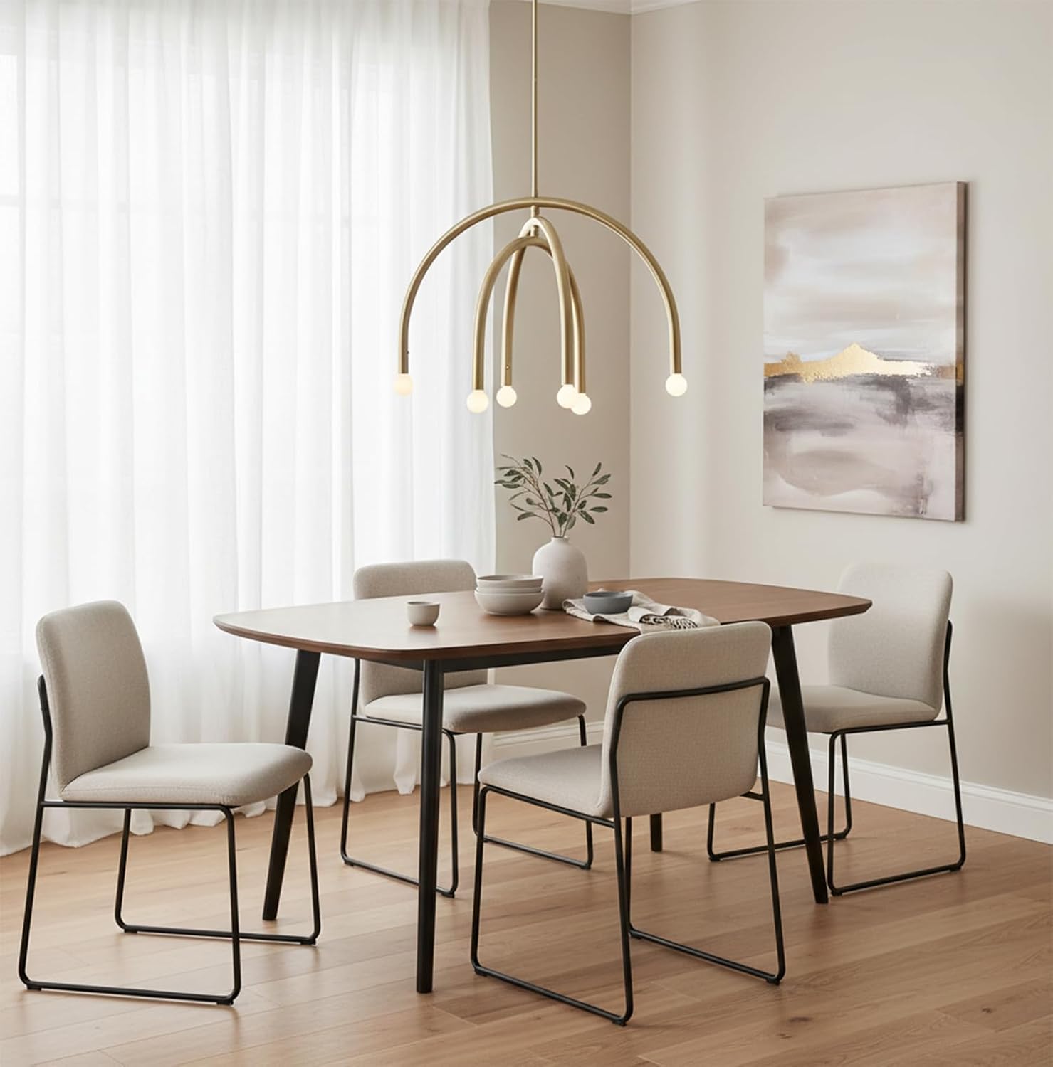 Meridian M100115NB Midcentury-Inspired Metal Arch Chandelier, 6-Light 360 Total Watts, 20" H x 30" W, Natural Brass