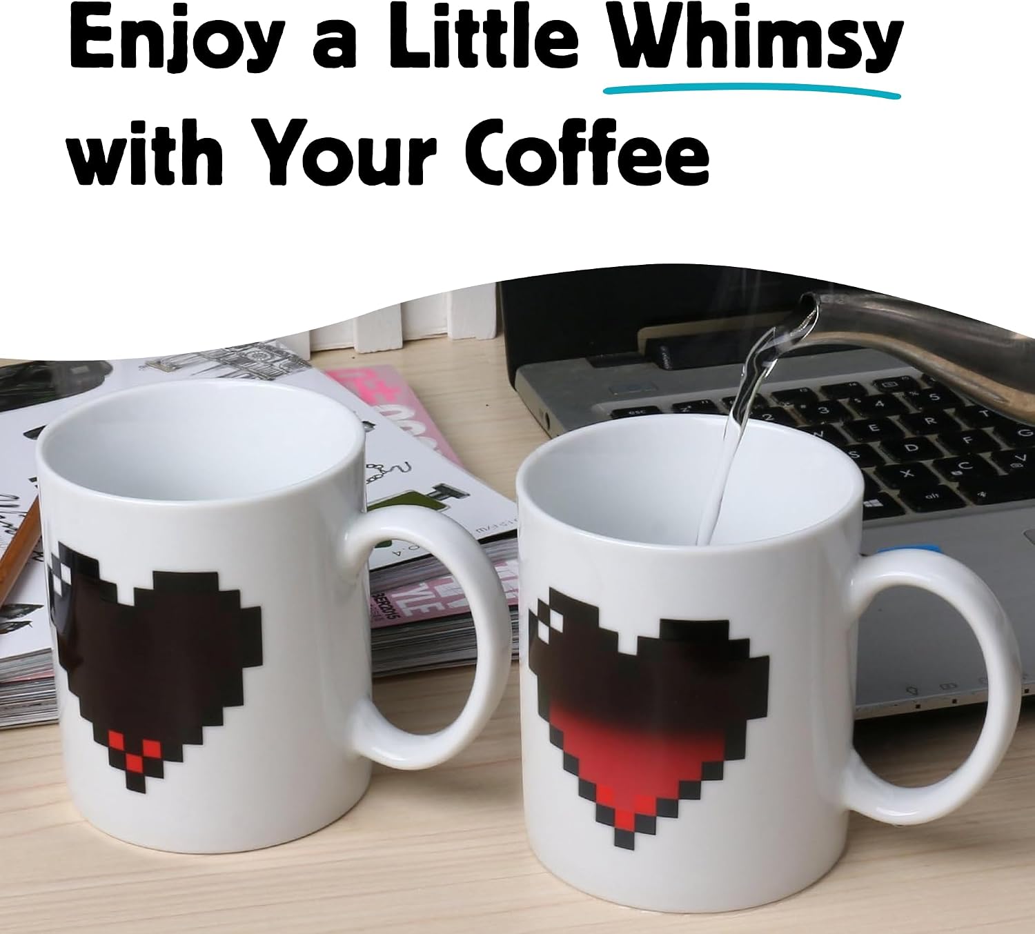 Kikkerland Pixel Heart Morphing Mug – Color Changing Cup Reacts to Heat – Fun Gift for Coffee, Hot Cocoa, & Hot Beverages