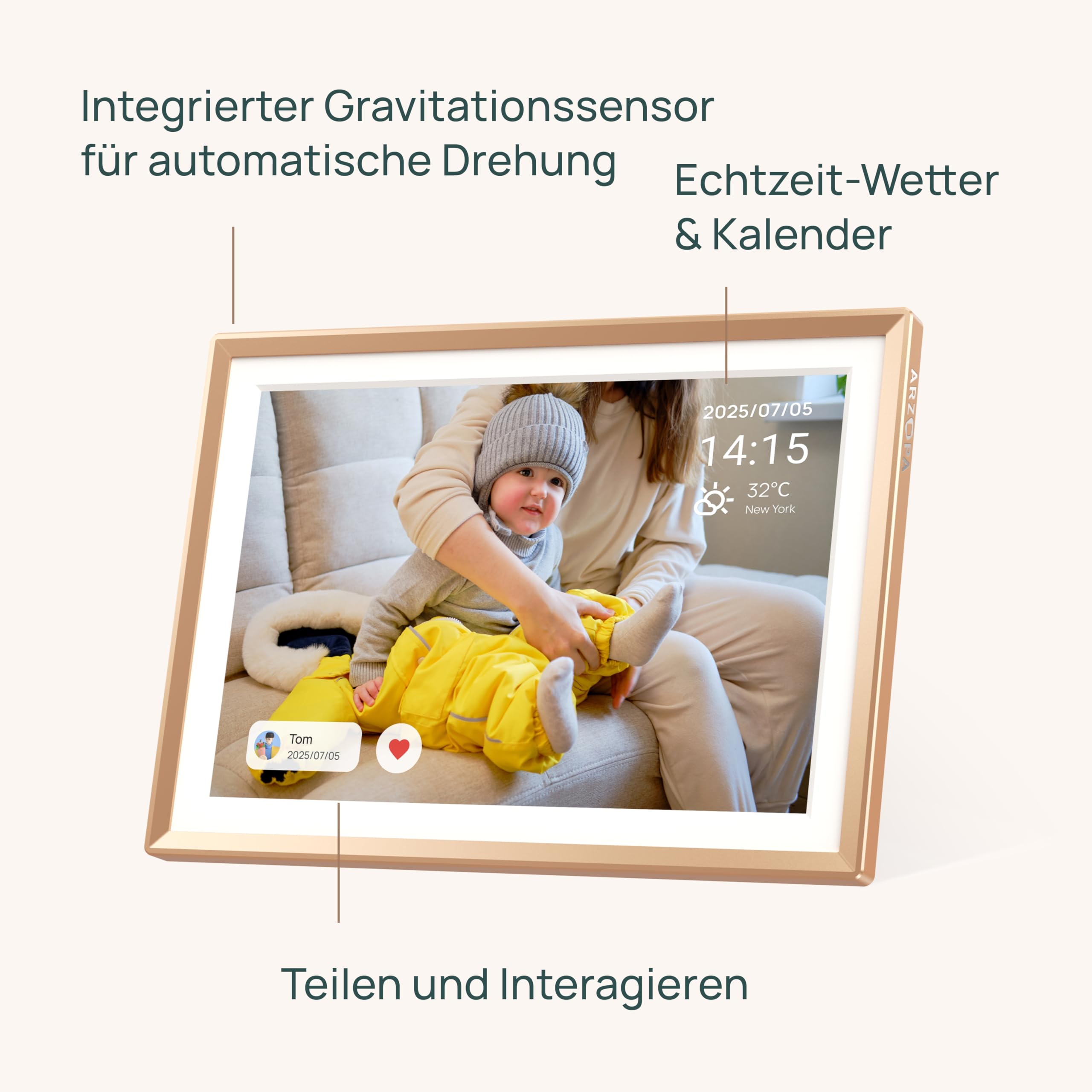 ARZOPA 14 Zoll Metall Digitaler Bilderrahmen Kostenloser Cloud Storage Unbegrenzt Fotos & Videos über App Teilen 1920 * 1200 FHD Touchscreen Elektronischer Bilderrahmen Geschenk für die Familie - D14