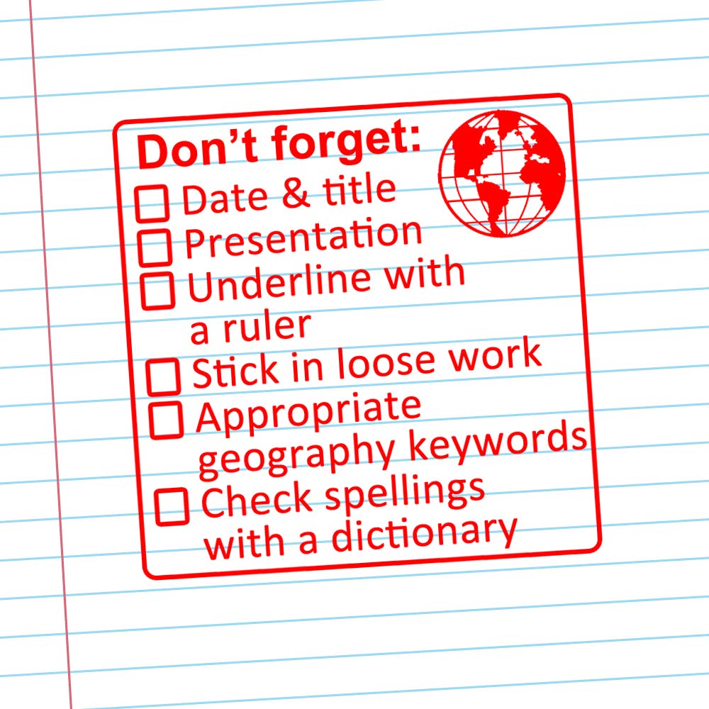 Geography Marking Teacher Stamp. Large Size (5x5cm). Checklist Mark Presentation, Spelling, History Keywords, Underline & More. Choice of Ink Colour (Red)