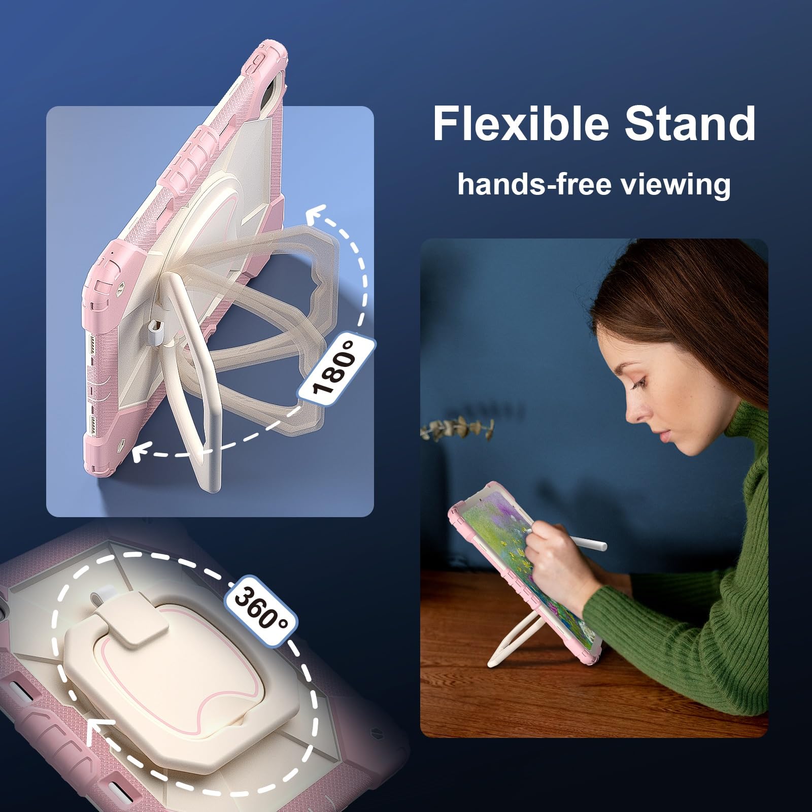 Stoßfeste Hülle for iPad Air 13 Zoll M4 M3 M2 (2026 2025 2024), robuste Schutzhülle mit drehbarem Ständer, klappbarem Griff, Schultergurt, Stifthalter(Rose Gold)