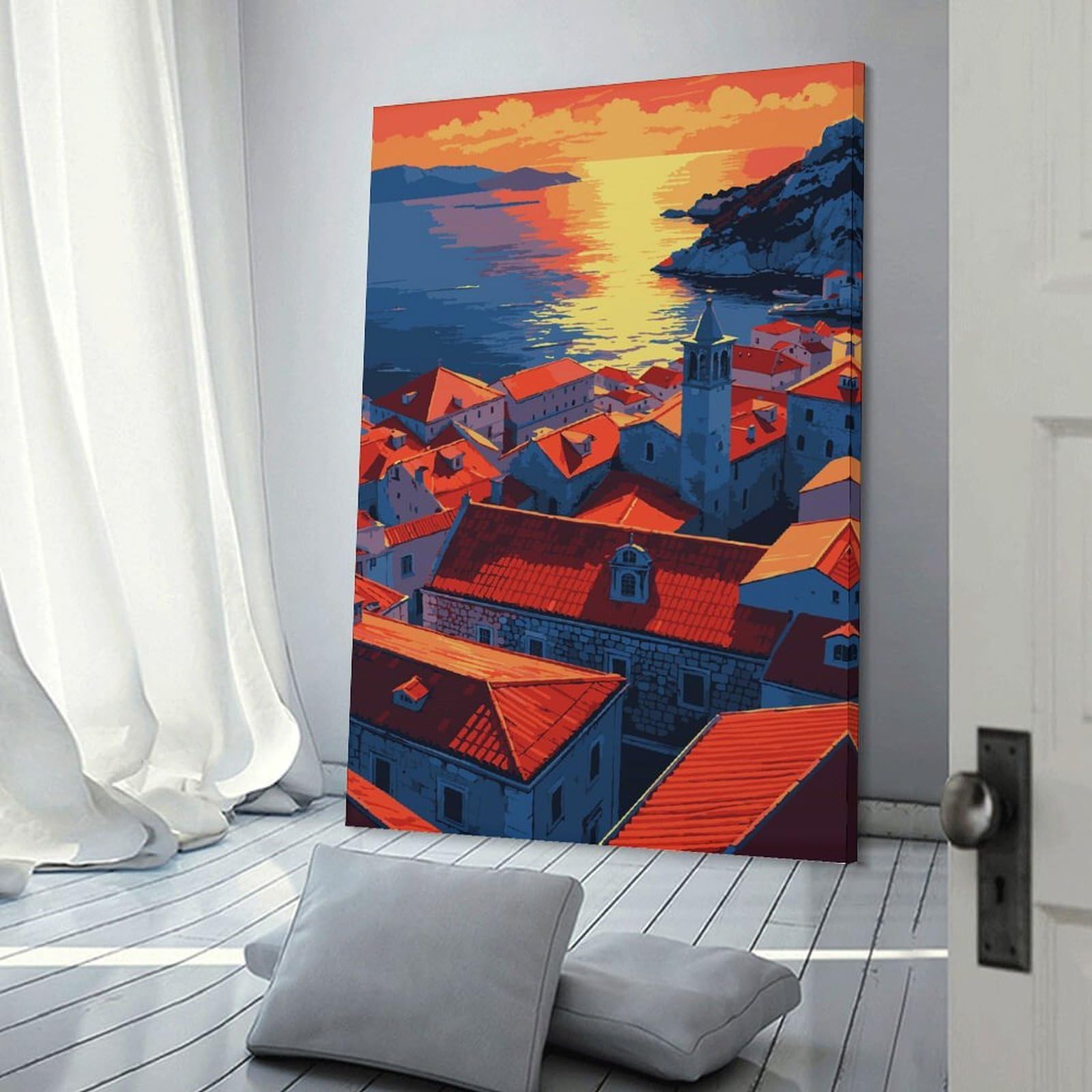 Junmoney Canvas Wall Art Coastal Townscape at Sunset, 20x30inch(50x75cm), for Corridors, Hallways Or Apartment Entries, Decorative Canvas Styling for Entry Areas