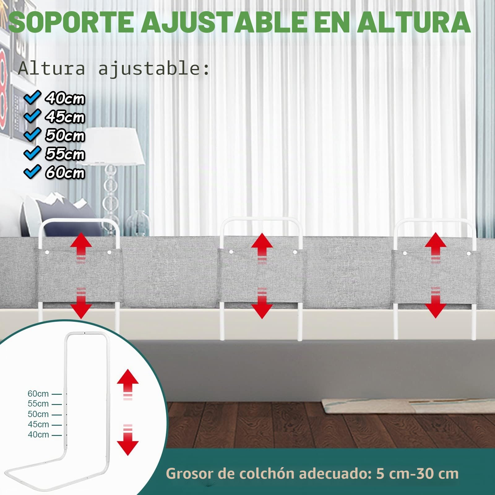 Froadp Barandillas Cama para Niños Pequeños Altura Regulable Protección del Borde de la Cama con Cremallera y Cierre a Presión Protector de Cama Portátil Accesorios de Cuna (180cm, Gris Lino)
