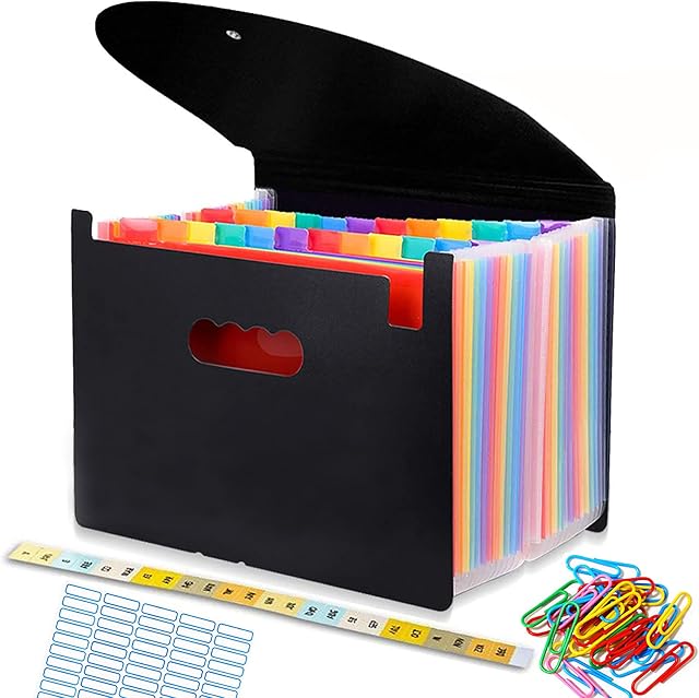 Expanding File Organisers, Document Organiser with 24 Pockets, Accordion Folder Expandable File, A4 Plastic folders Wallets Bills Folder Upgraded Storage Boxes with lids, Clips and Tags