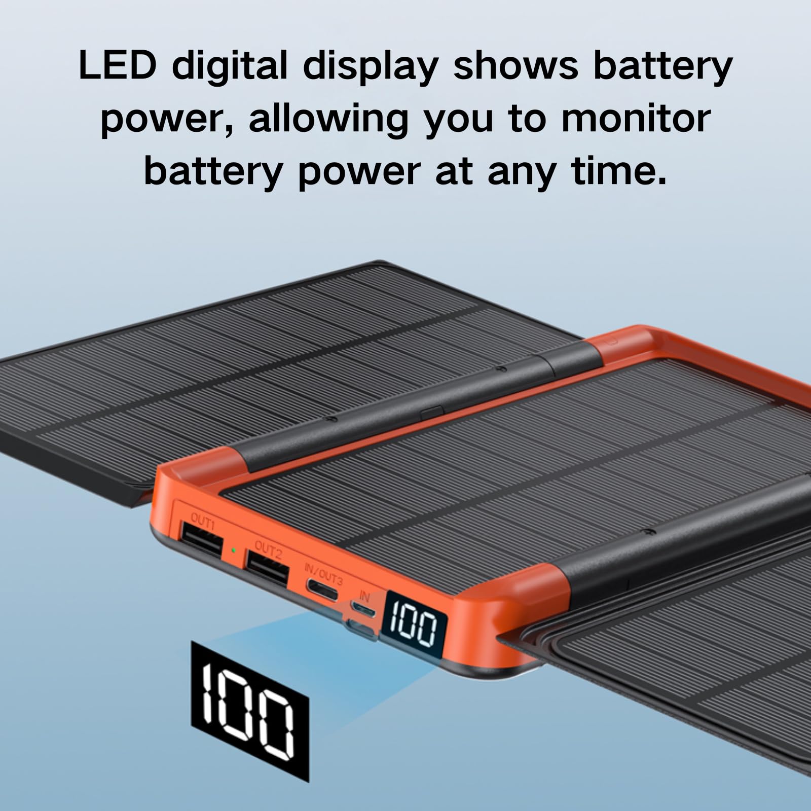 Powerbank Solar 20000 mAh, Dos Puertos USB, Tipo-C, Función de Carga Inalámbrica, Carga 4 Dispositivos al Mismo Tiempo, Cables Integrados, Cargador Portátil para iPhone, Android, Viajes