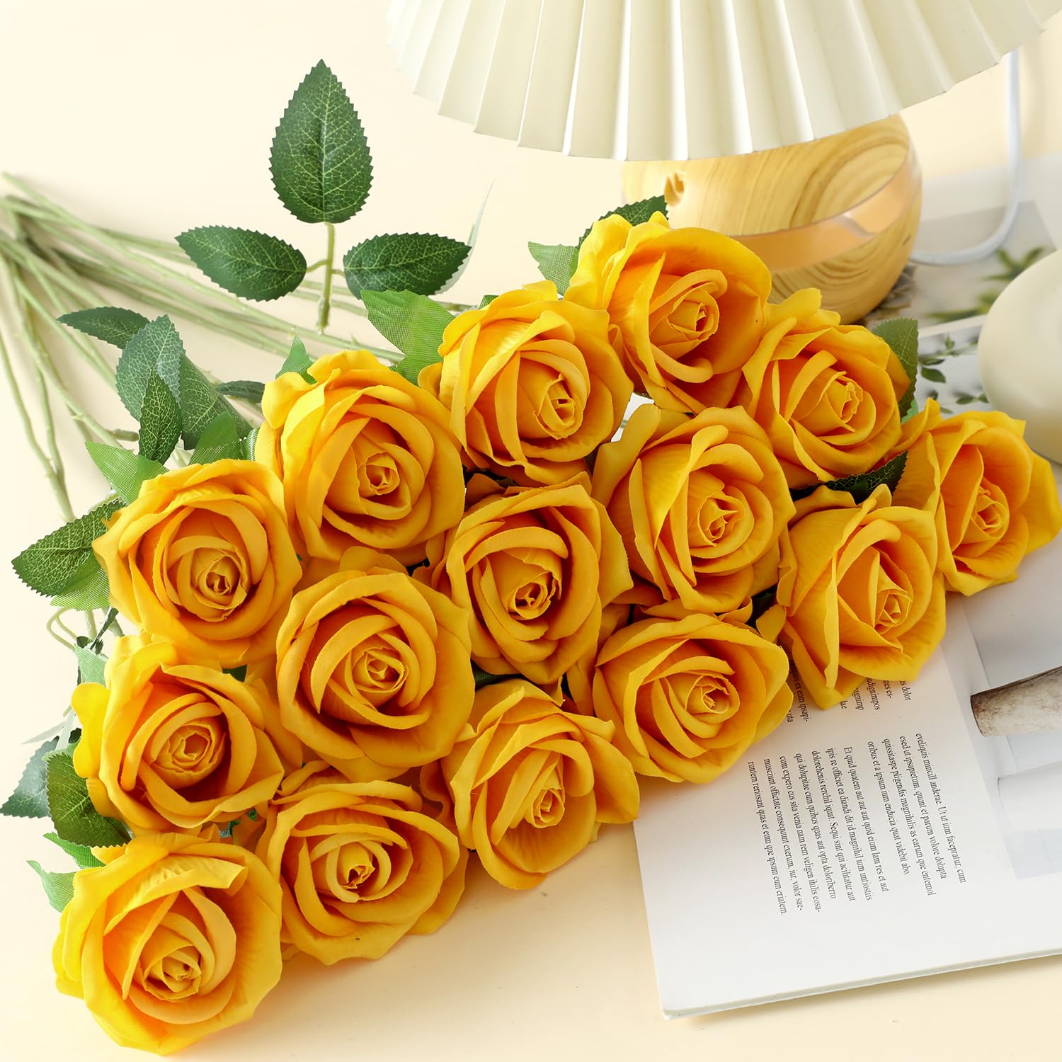 Cloudecor 15Pcs Small Fake Roses Velet Roses Long Stem Artificial Flowers Silk Flowers for Home Wedding Decoration (Pearl Roses,Yellow) - Image 2