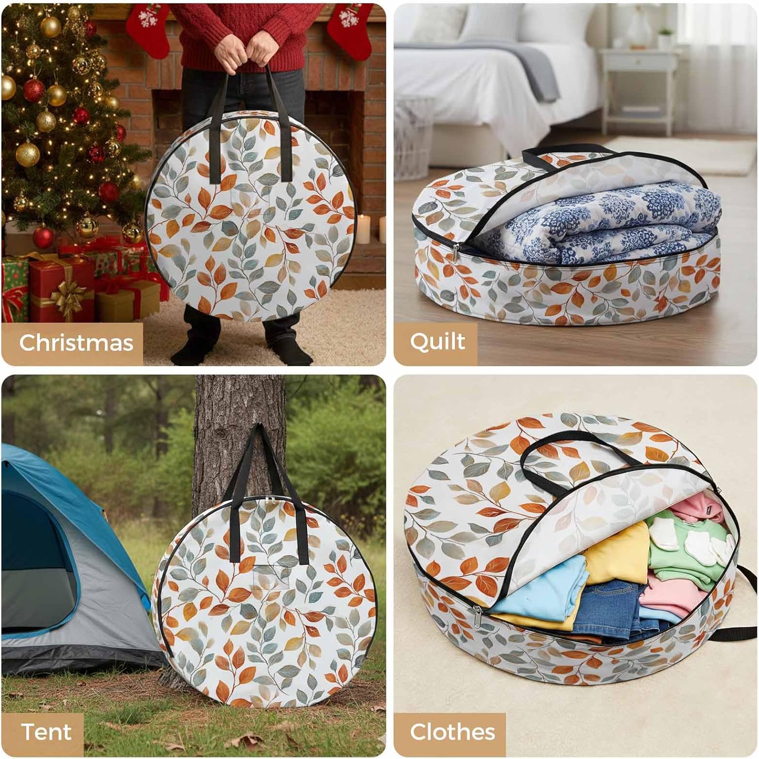 Spring Fall Leaf Round Storage Bag 36 Inch, Orange Watercolor Leaves Spring Plant Clothes Storage Container with Handles Heavy Duty Organizer for Comforter, Bedding & Holiday Wreaths