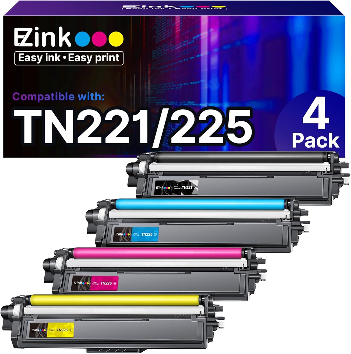 E-Z Ink Compatible Toner Cartridge Replacement for Brother TN221 TN225 Toner to Use with MFC-9130CW HL-3170CDW HL-3180CDW MFC-9340CDW MFC-9330CDW (1 Black 1 Cyan 1 Magenta 1 Yellow,4 Pack)