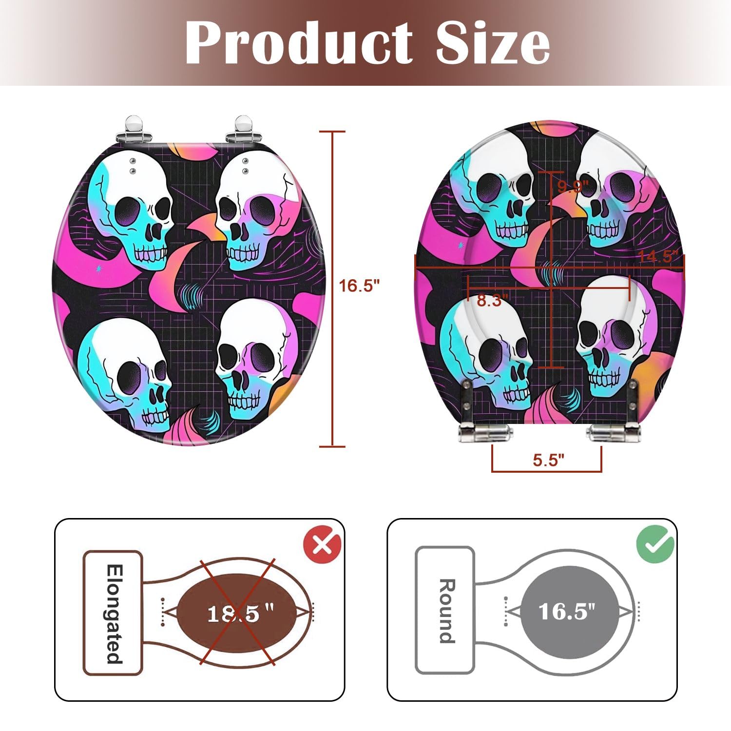 Asiento de inodoro redondo de cierre suave y liberación rápida, de resina, fácil de limpiar, con diseño de calavera psicodélica de rejilla distorsionada.