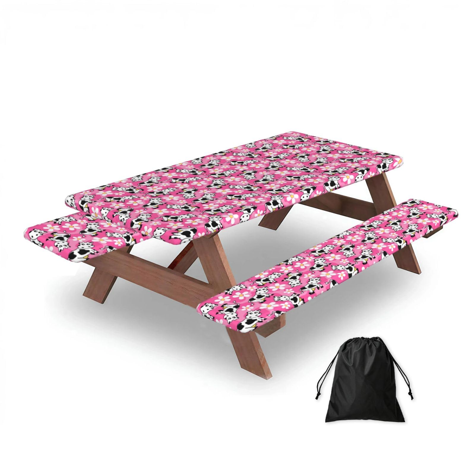Cute Cow, Picnic Table Cover With Bench Covers -Waterproof Elastic Fitted Tablecloth for Garden Camping Patio 76x152cm