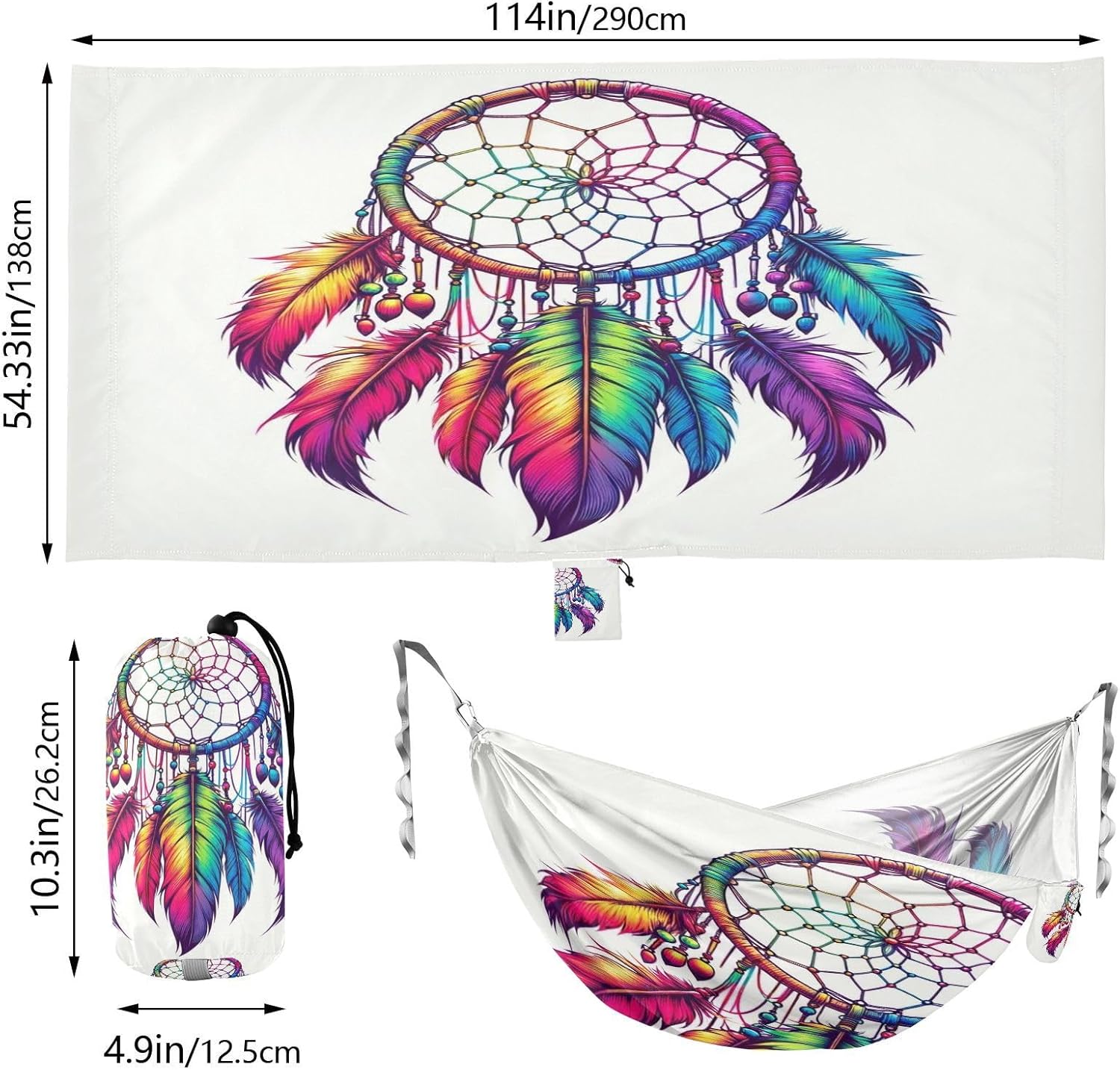 ALAZA Rainbow Dreamcatcher Camping Hammocks Single or 2 Person 500 lbs Portable Parachute Travel Hammock w/Tree Straps for Hiking Backpacking Indoor Outdoor