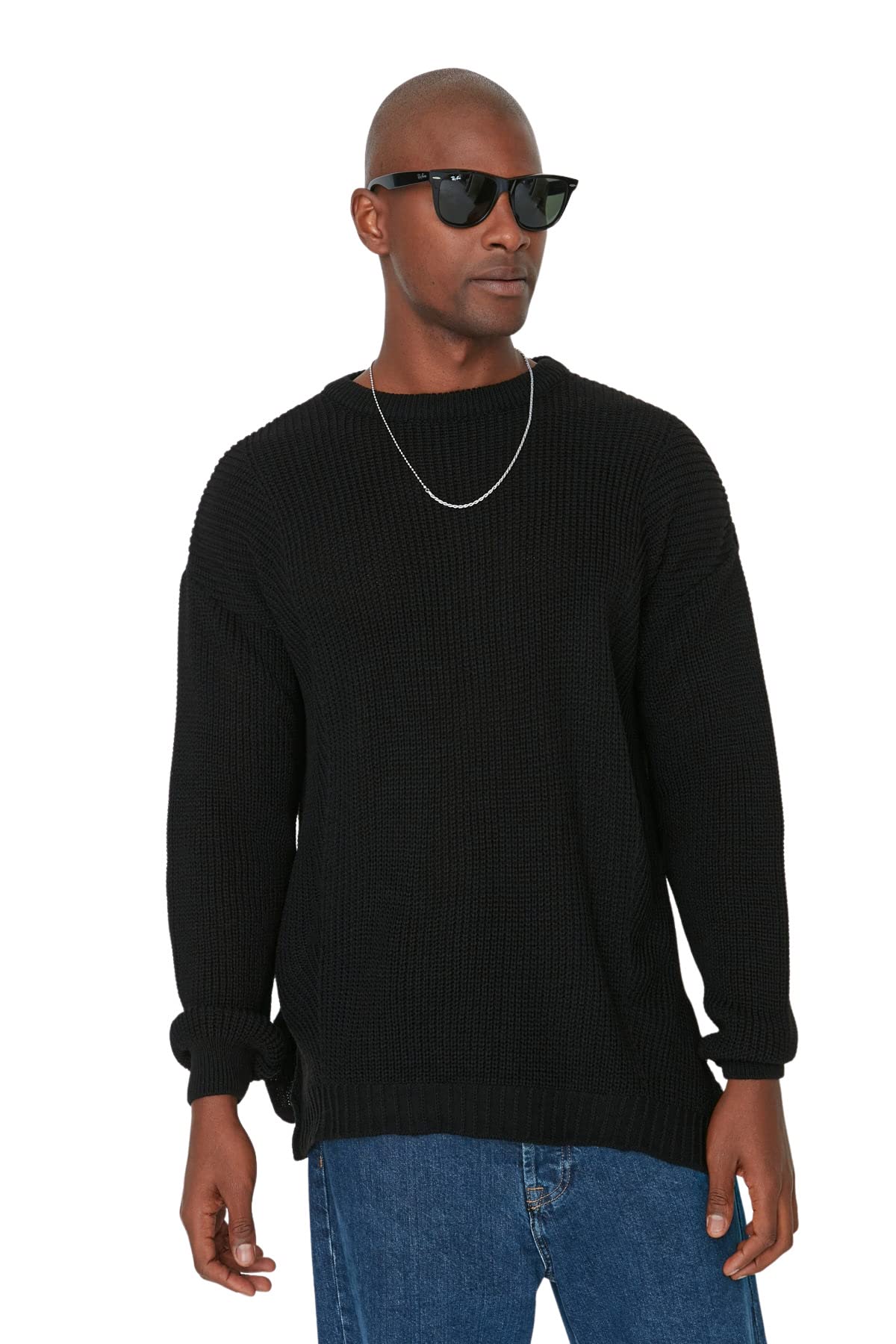 Trendyol Herren Schwarz Man Black Men's Oversize Wide Form Side Detailed Sweatshirt Sweater, Eu Groß