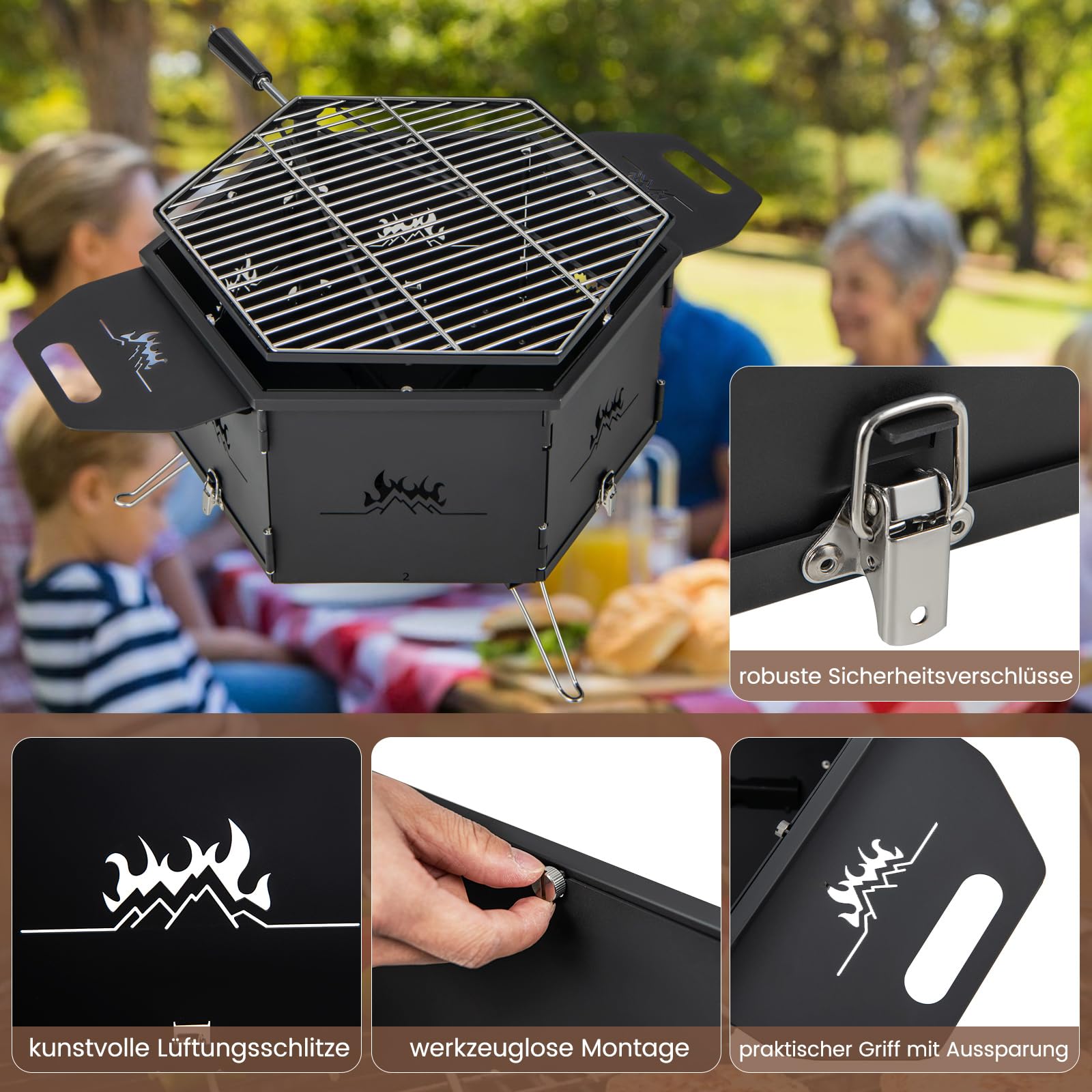 GYMAX 2 in 1 Holzkohlegrill klappbar & Feuerkorb, großer Campinggrill mit verstellbarem Grillrost & Lüftungslöchern, Grill zum Heizen & Grillen, Klappgrill für Partys, Camping & Picknicks