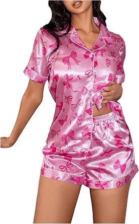 SHENHE Womens 2 Piece Satin Pajama Set Leopard Short Sleeve Pj Shorts Set