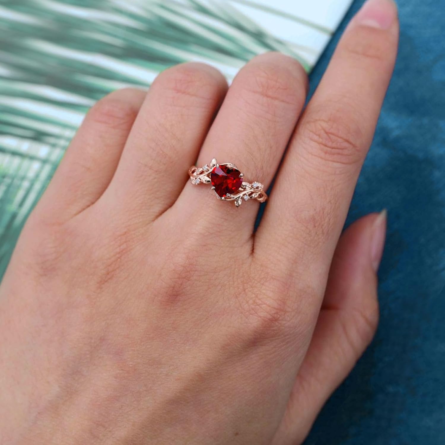 10K/14K/18K Solid Gold 1 Carat Heart Gemstone Vintage Engagement Ring for Women Nature Inspired Birthstone Leaf Vine Art Deco Wedding Promise Anniversary Rings for Her Wife Bridal Size 4~12