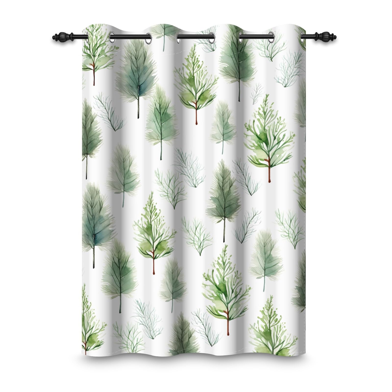 ggaimwf 132x214cm Green Forest Eyelet Curtain Pine Trees Watercolor Painting Spring Thermal Insulated Blackout Grommet Window Drapes for Living Room Bedroom Home Office,1-Single Panel